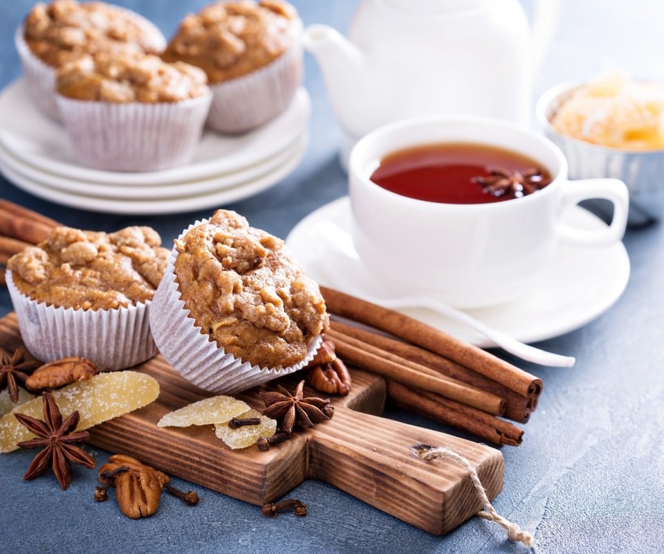 Обои корица, чай, бадьян, маффин, цукаты, cinnamon, tea, star anise, muffin, candied разрешение 1920x1280 Загрузить