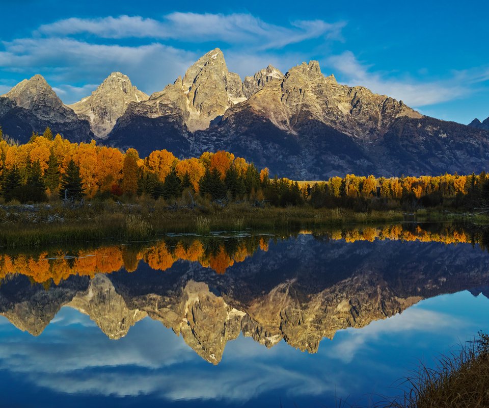 Обои небо, облака, озеро, горы, лес, отражение, осень, the sky, clouds, lake, mountains, forest, reflection, autumn разрешение 2048x1327 Загрузить