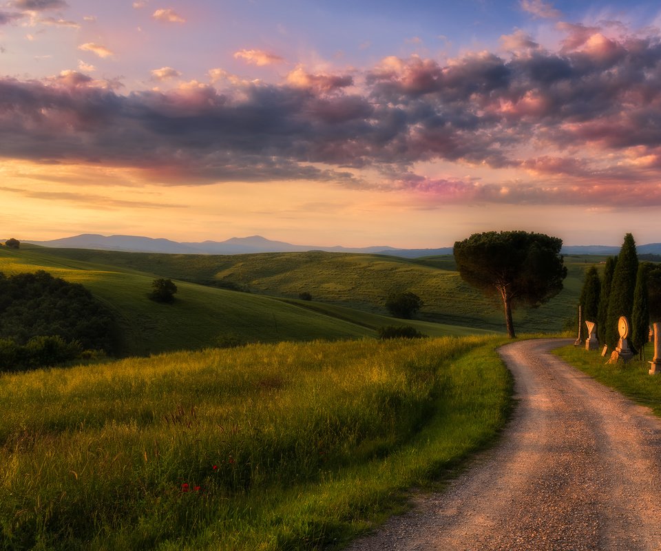 Обои небо, дорога, трава, облака, деревья, природа, утро, the sky, road, grass, clouds, trees, nature, morning разрешение 2048x1367 Загрузить