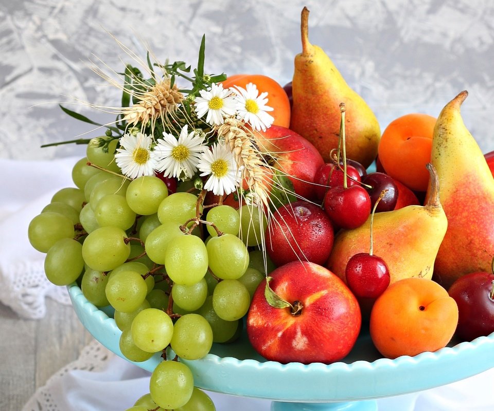 Обои цветы, виноград, фрукты, черешня, абрикос, груша, нектарин, flowers, grapes, fruit, cherry, apricot, pear, nectarine разрешение 2400x1596 Загрузить