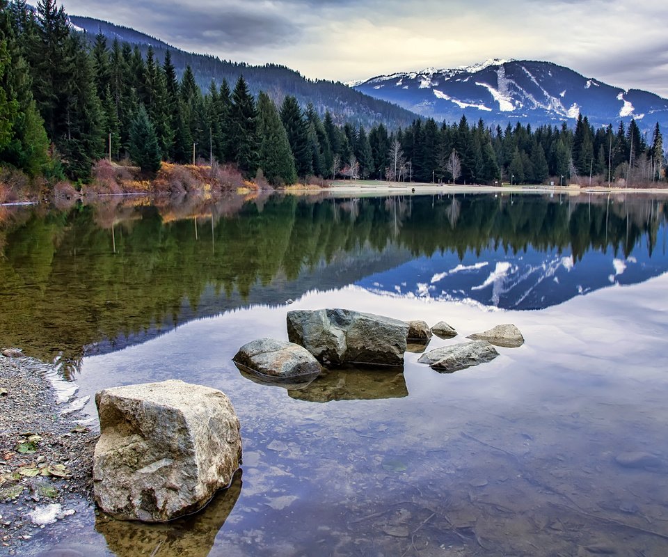 Обои вода, lake whistler, озеро, горы, камни, берег, лес, отражение, канада, water, lake, mountains, stones, shore, forest, reflection, canada разрешение 2710x1800 Загрузить