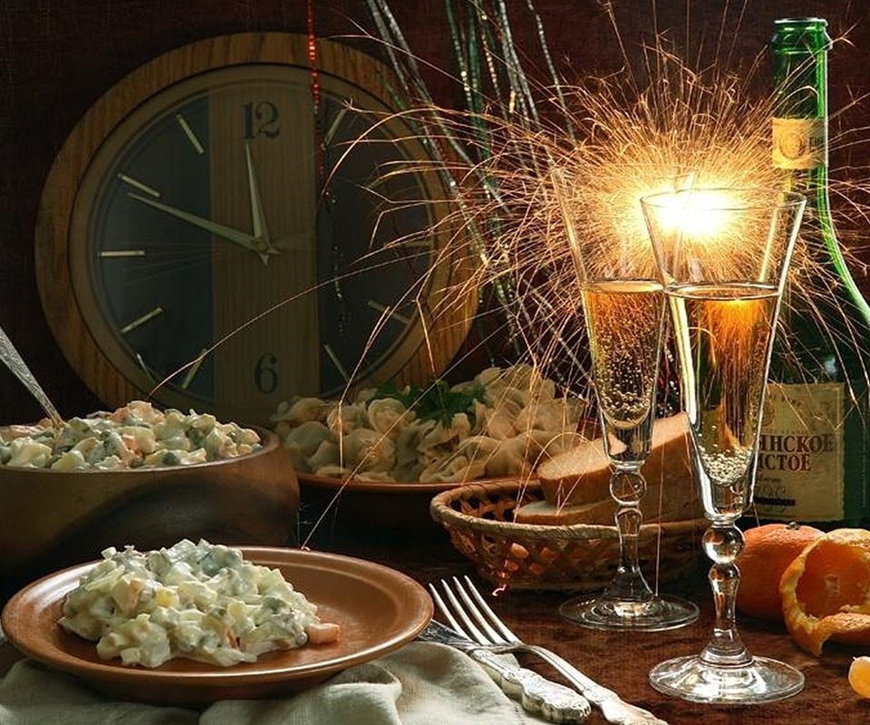 Обои новый год, шампанское, натюрморт, оливье, new year, champagne, still life, olivier разрешение 1920x1200 Загрузить