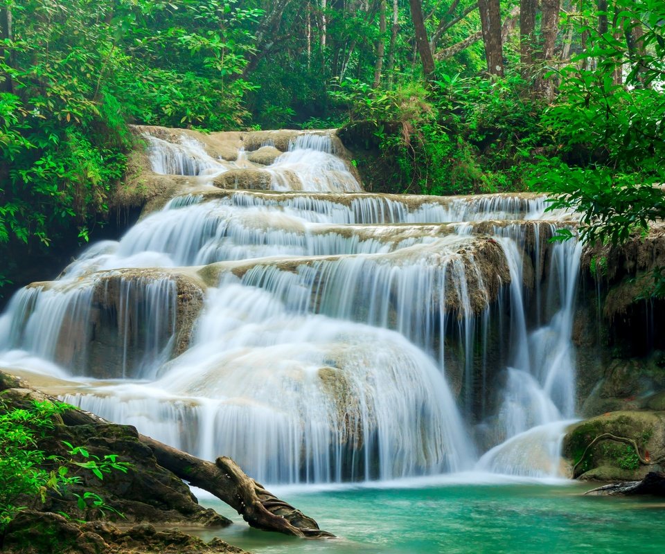 Обои лес, ручей, водопад, таиланд, kanchanaburi, erawan waterfall, эраван, канчанабури, водопад эраван, forest, stream, waterfall, thailand, erawan разрешение 2880x2304 Загрузить