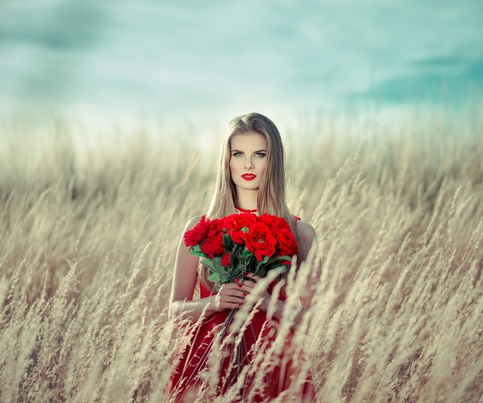 Обои девушка, поле, розы, красные, букет, макияж, girl, field, roses, red, bouquet, makeup разрешение 2500x1673 Загрузить