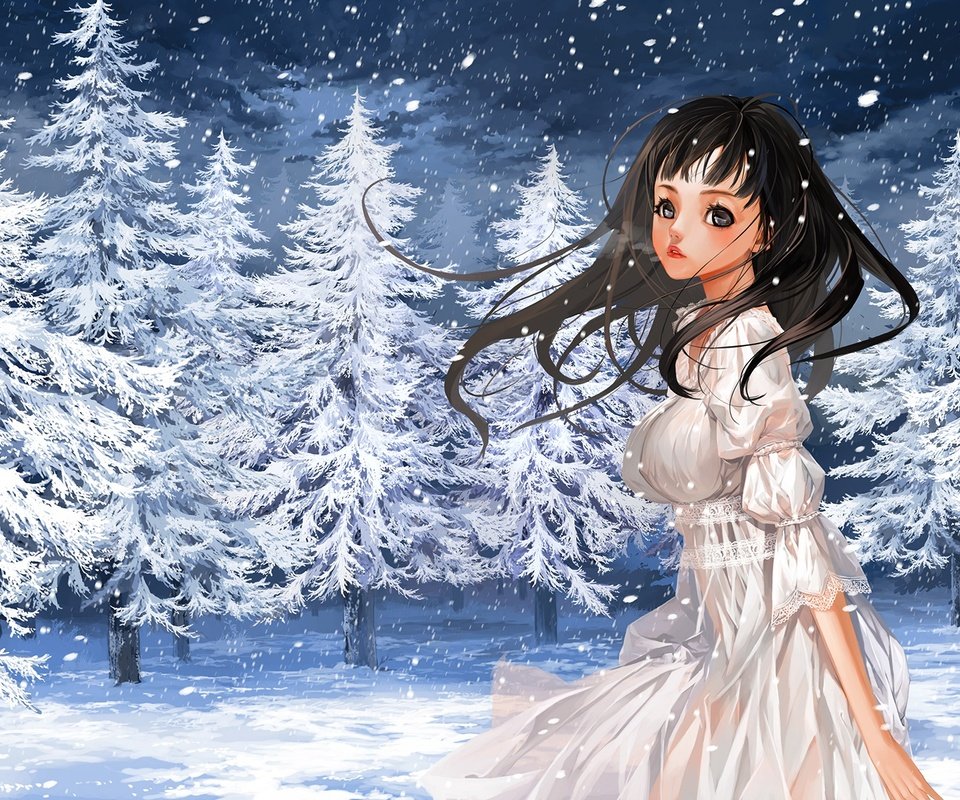 Обои снег, лес, зима, девушка, елки, ели, snow, forest, winter, girl, tree, ate разрешение 1920x1200 Загрузить