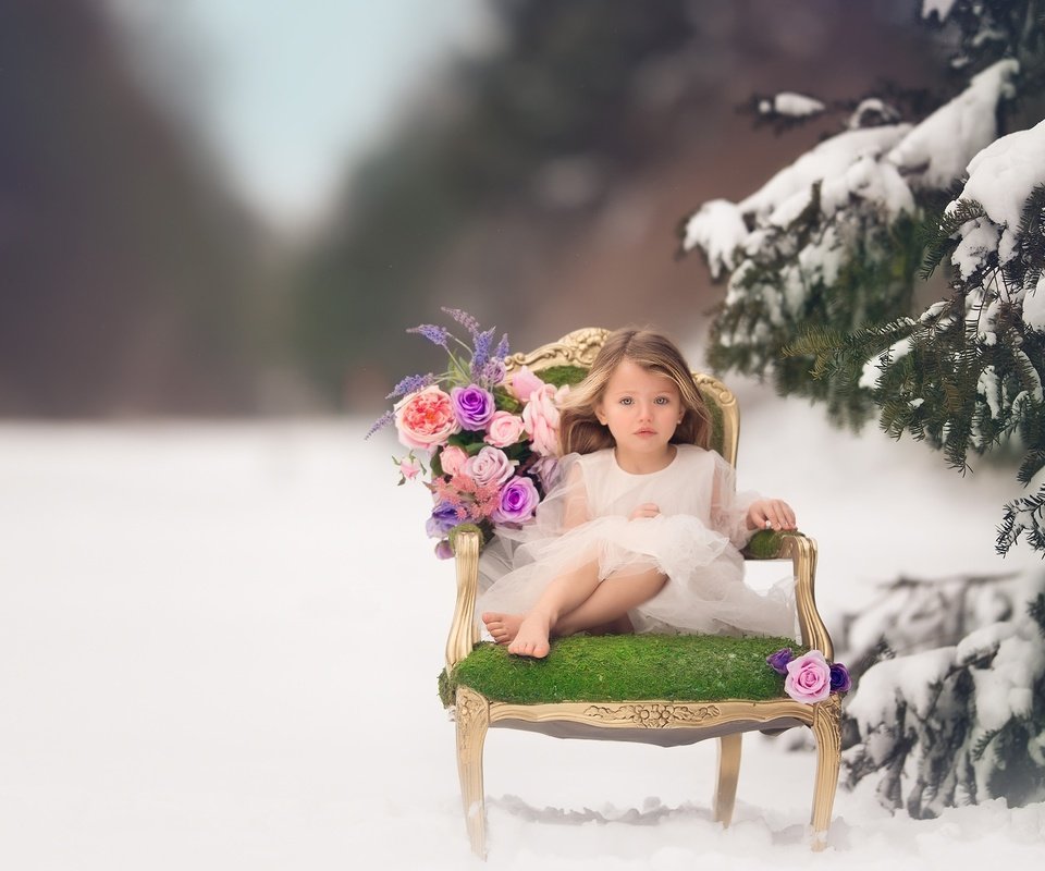 Обои цветы, кресло, снег, зима, настроение, розы, дети, девочка, ель, flowers, chair, snow, winter, mood, roses, children, girl, spruce разрешение 2048x1421 Загрузить