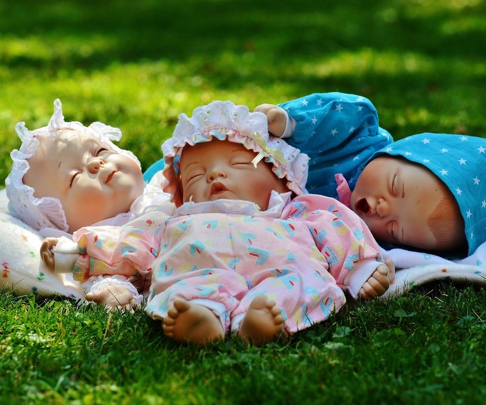 Обои трава, дети, игрушки, малыши, куклы, новорожденные, grass, children, toys, kids, doll, newborns разрешение 2000x1330 Загрузить