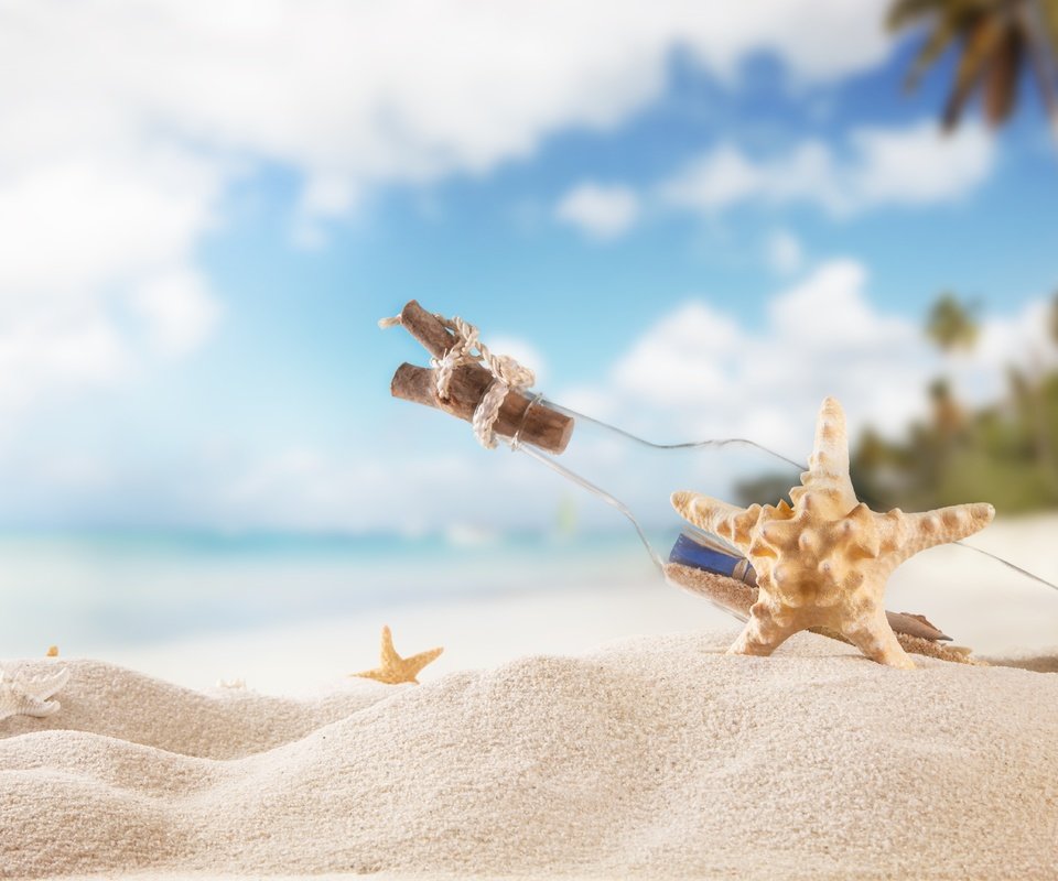 Обои солнце, каникулы, море, песок, пляж, лето, пальмы, бутылка, морская звезда, the sun, vacation, sea, sand, beach, summer, palm trees, bottle, starfish разрешение 5616x3744 Загрузить