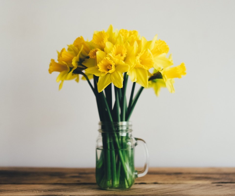 Обои цветы, букет, нарциссы, желтые, flowers, bouquet, daffodils, yellow разрешение 2560x1440 Загрузить