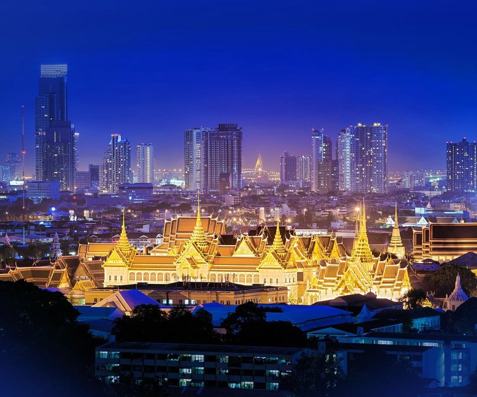 Обои ночь, огни, таиланд, бангкок, большой дворец, night, lights, thailand, bangkok, the grand palace разрешение 1920x1080 Загрузить