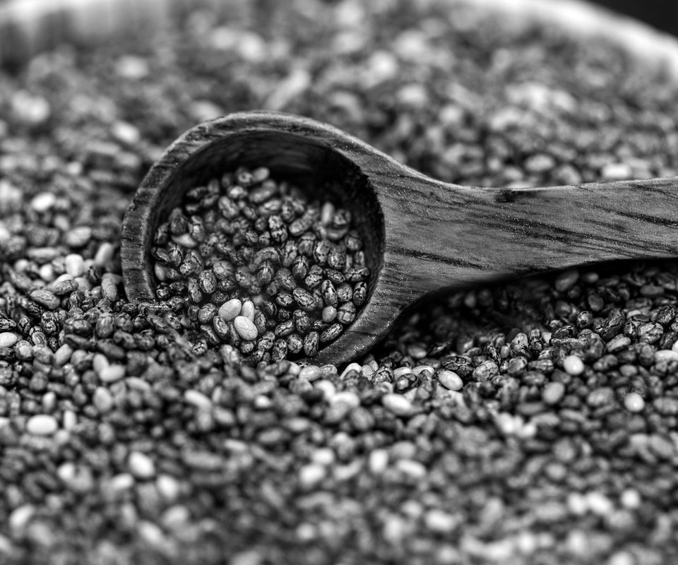 Обои чёрно-белое, семена, деревянная ложка, чиа, семена чиа, black and white, seeds, wooden spoon, chia разрешение 3840x2205 Загрузить