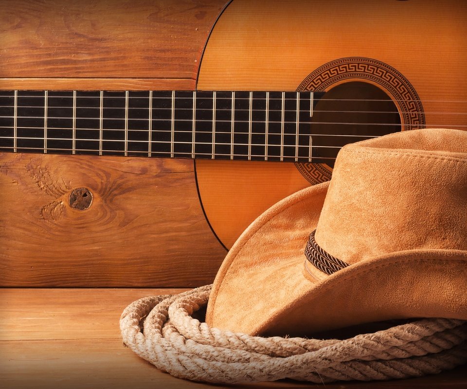 Обои гитара, веревка, шляпа, ковбой, ковбойская шляпа, guitar, rope, hat, cowboy, cowboy hat разрешение 4800x3534 Загрузить
