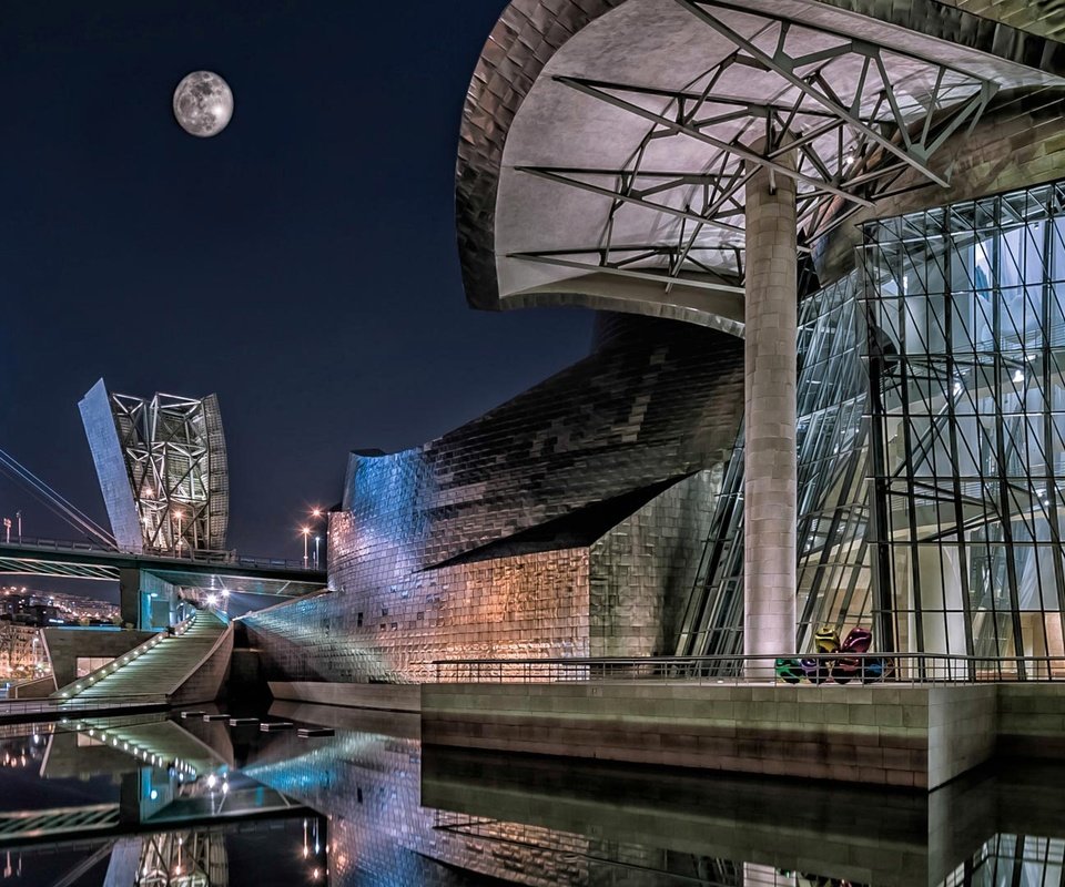 Обои ночь, луна, испания, музей гуггенхейма, бильбао, night, the moon, spain, the guggenheim museum, bilbao разрешение 1920x1080 Загрузить