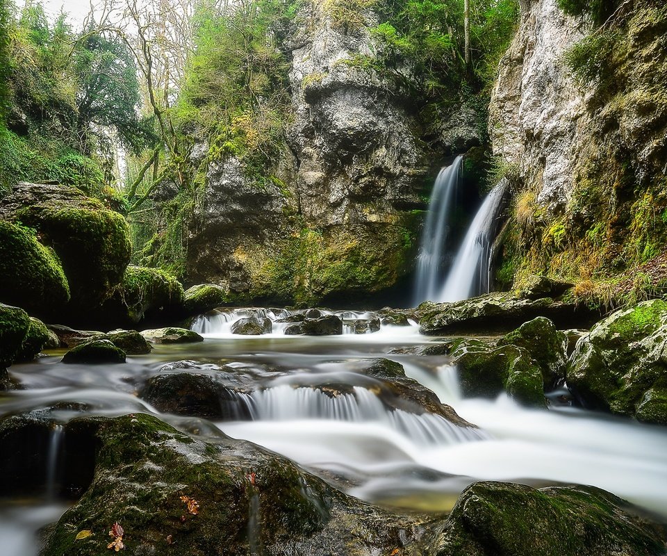 Обои деревья, вода, камни, водопад, мох, потоки, trees, water, stones, waterfall, moss, threads разрешение 2048x1152 Загрузить