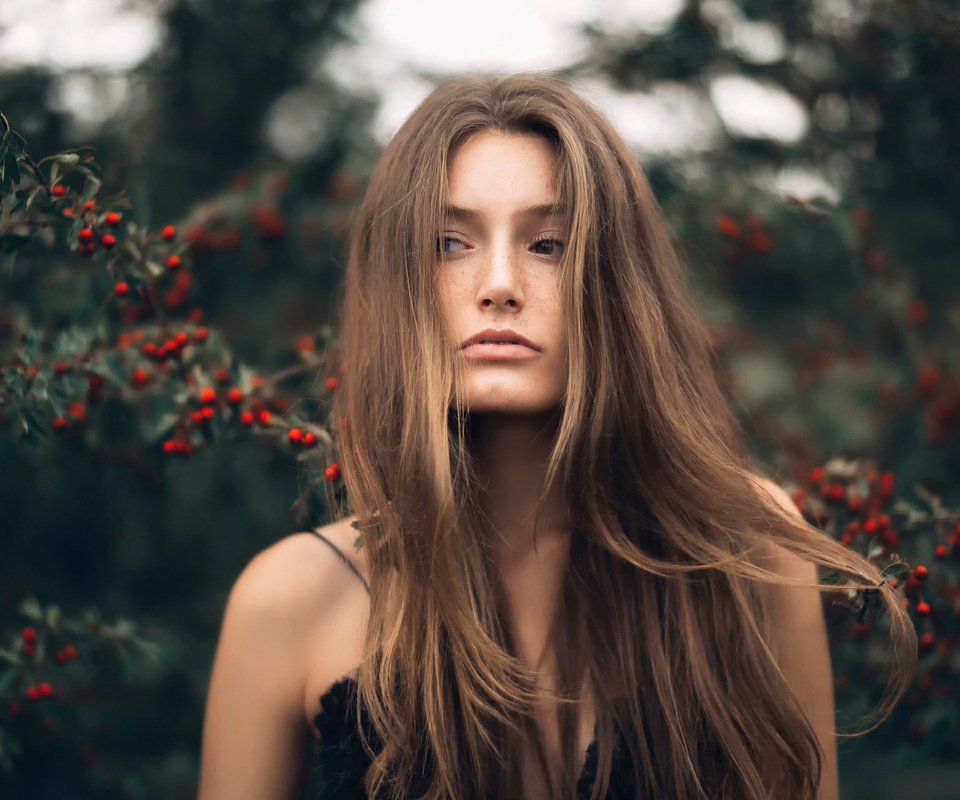 Обои природа, девушка, фон, взгляд, волосы, лицо, ягоды, веснушки, nature, girl, background, look, hair, face, berries, freckles разрешение 1920x1280 Загрузить