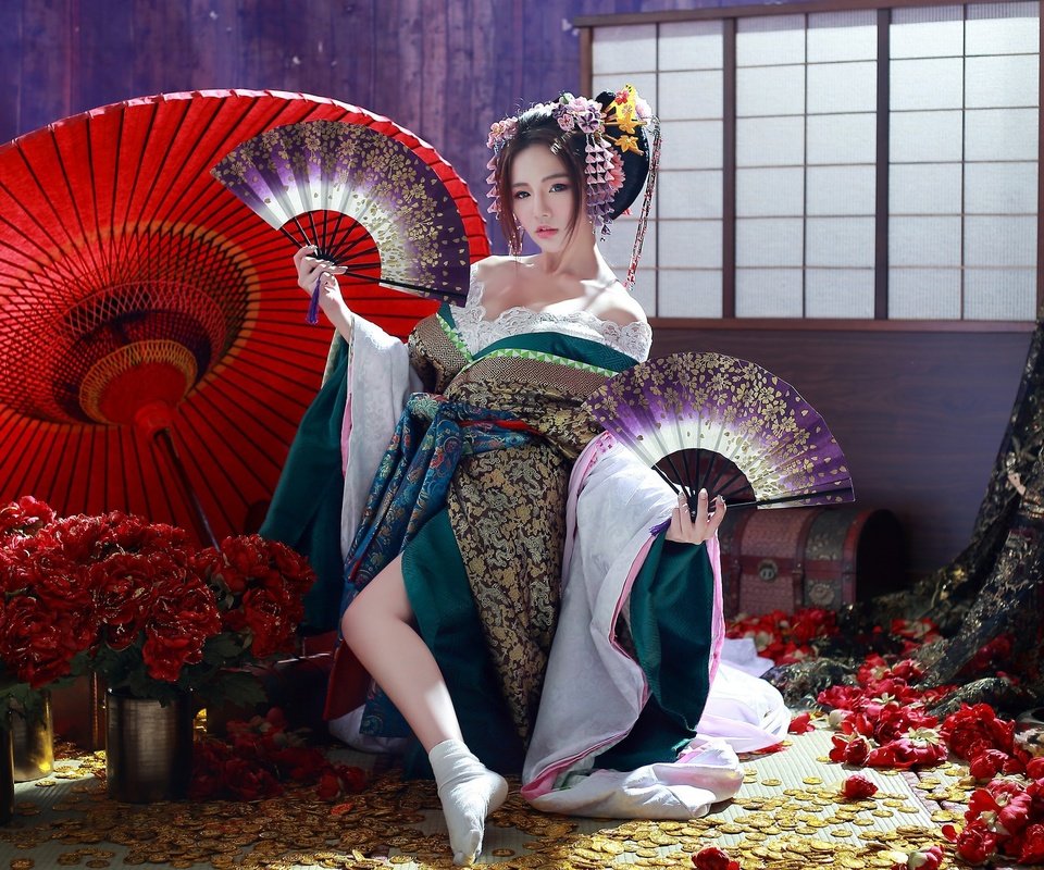 Обои цветы, девушка, зонт, кимоно, азиатка, гейша, веер, flowers, girl, umbrella, kimono, asian, geisha, fan разрешение 2048x1365 Загрузить