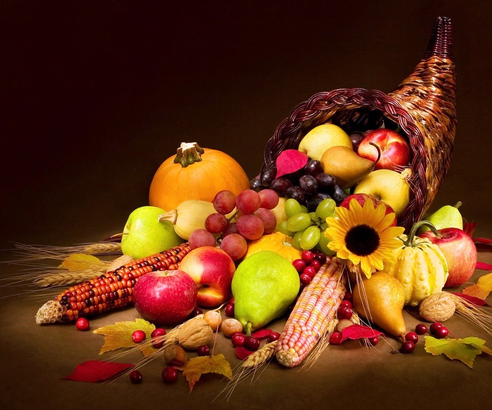 Обои листья, овощи, орехи, тыква, виноград, груши, ягода, фрукты, яблоки, кукуруза, корзина, leaves, vegetables, nuts, pumpkin, grapes, pear, berry, fruit, apples, corn, basket разрешение 3504x2336 Загрузить