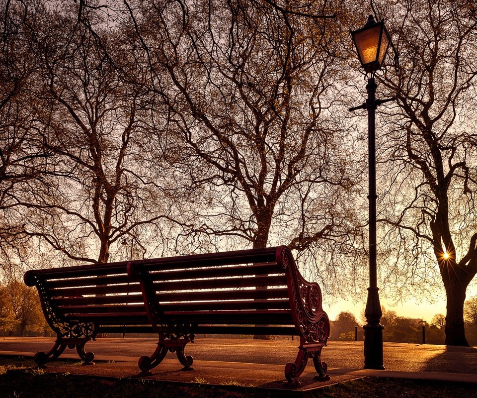 Обои лондон, англия, фонарь, скамья, баттерси парк, london, england, lantern, bench, battersea park разрешение 2048x1296 Загрузить