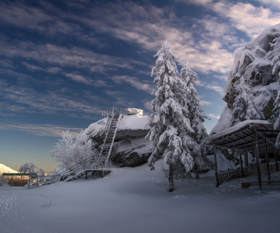 Обои облака, деревья, снег, лестница, зима, холод, clouds, trees, snow, ladder, winter, cold разрешение 1920x1280 Загрузить