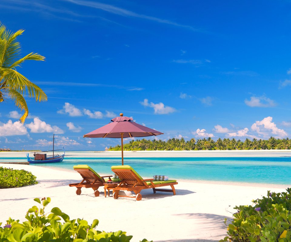 Обои море, пляж, пальмы, отдых, тропики, мальдивы, sea, beach, palm trees, stay, tropics, the maldives разрешение 3800x2139 Загрузить