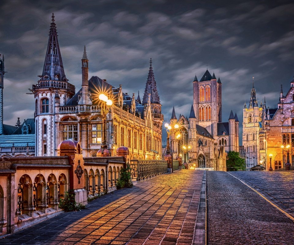 Обои ночь, огни, здания, мостовая, бельгия, гент, night, lights, building, bridge, belgium, ghent разрешение 2048x1342 Загрузить