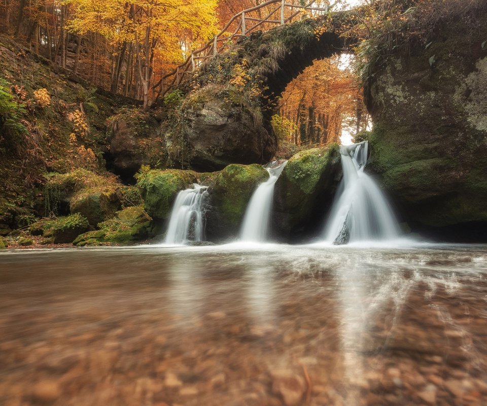 Обои река, природа, камни, лес, мост, водопад, осень, мох, river, nature, stones, forest, bridge, waterfall, autumn, moss разрешение 1920x1080 Загрузить