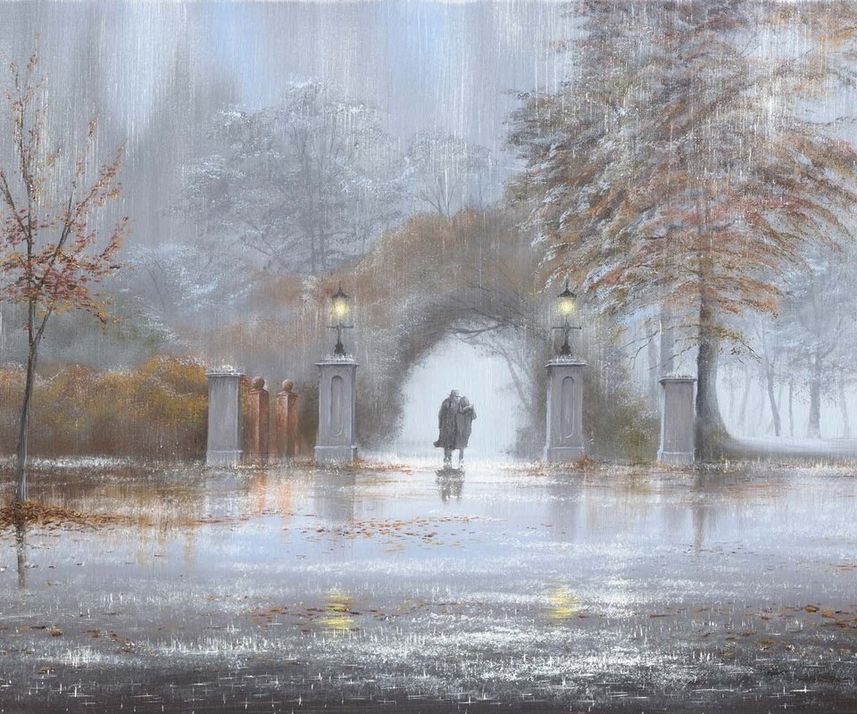 Обои картина, парк, осень, дождь, двое, jeff rowland, picture, park, autumn, rain, two разрешение 1920x1200 Загрузить