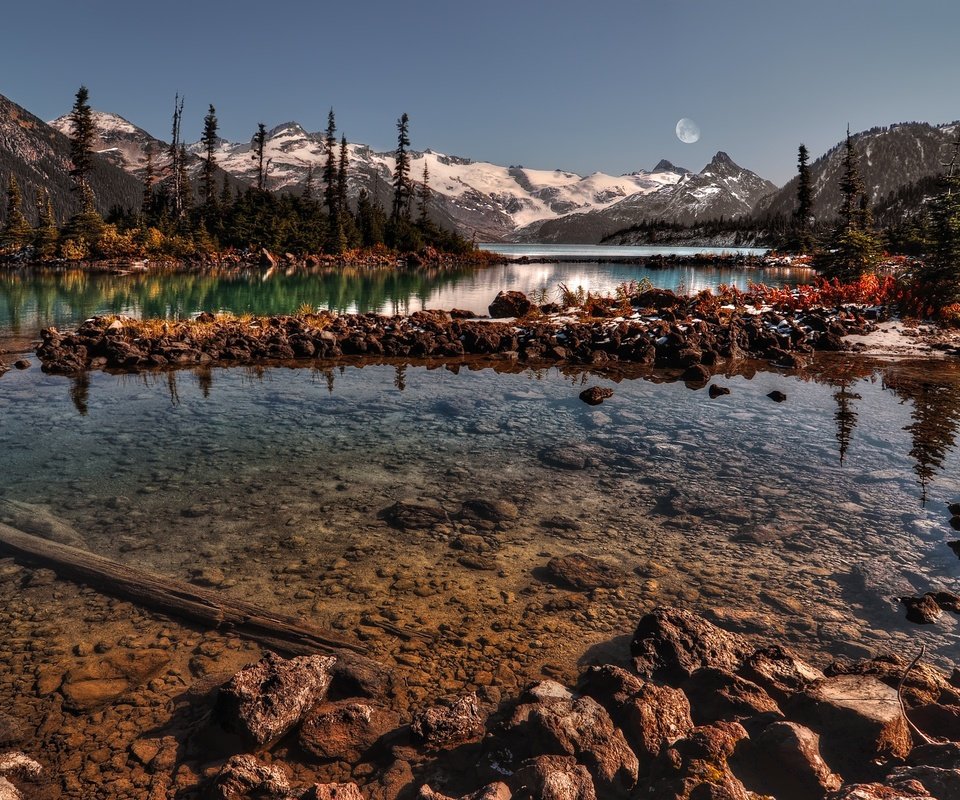 Обои деревья, вода, горы, снег, камни, речка, trees, water, mountains, snow, stones, river разрешение 2560x1600 Загрузить