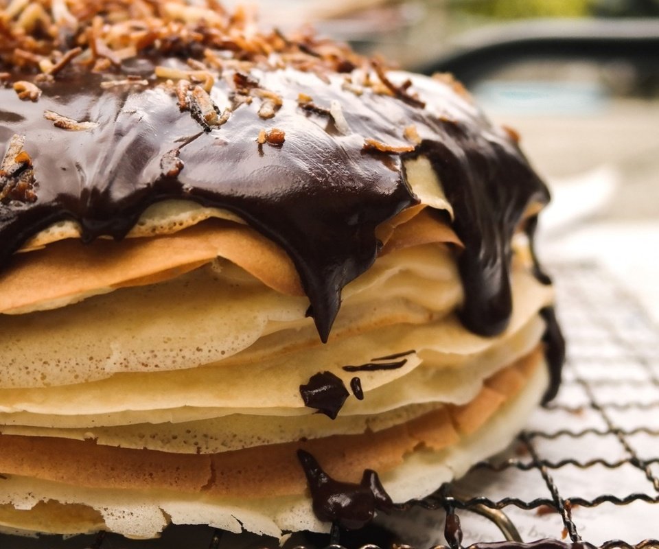 Обои шоколад, блинчики, блины, блинный торт, chocolate, pancakes, pancake cake разрешение 1920x1080 Загрузить