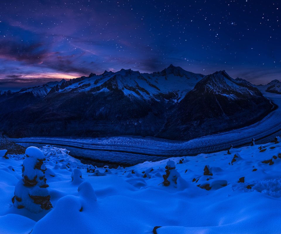 Обои ночь, горы, снег, природа, зима, пейзаж, швейцария, ледник, night, mountains, snow, nature, winter, landscape, switzerland, glacier разрешение 7593x3701 Загрузить