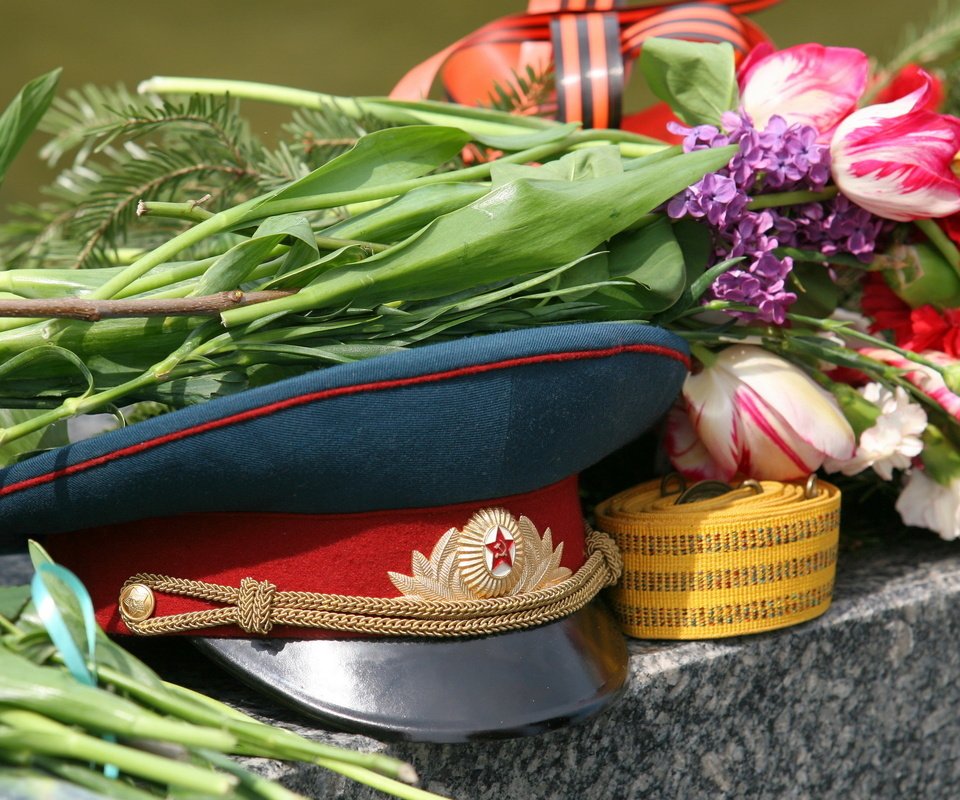 Обои цветы, день победы, фуражка, flowers, victory day, cap разрешение 2560x1600 Загрузить