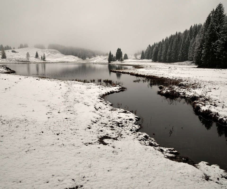 Обои небо, река, снег, природа, лес, зима,     деревья, the sky, river, snow, nature, forest, winter, trees разрешение 4287x2847 Загрузить