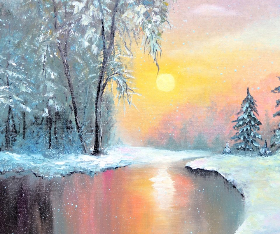 Обои арт, озеро, закат, зима, пейзаж, живопись, art, lake, sunset, winter, landscape, painting разрешение 1920x1200 Загрузить