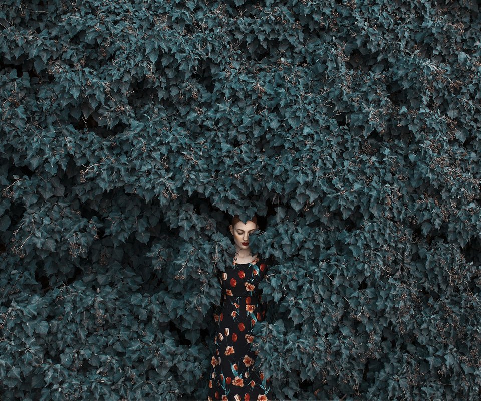 Обои листья, девушка, платье, рыжая, mara saiz, leaves, girl, dress, red разрешение 2048x1365 Загрузить