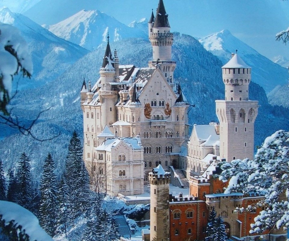 Обои зима, замок, башня, германия, нойшванштайн, бавария, winter, castle, tower, germany, neuschwanstein, bayern разрешение 1920x1200 Загрузить