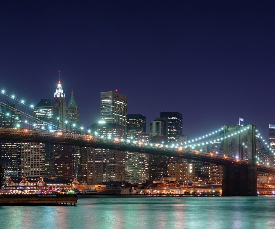Обои ночь, мост, небоскребы, сша, нью-йорк, бруклинский мост, night, bridge, skyscrapers, usa, new york, brooklyn bridge разрешение 1920x1080 Загрузить