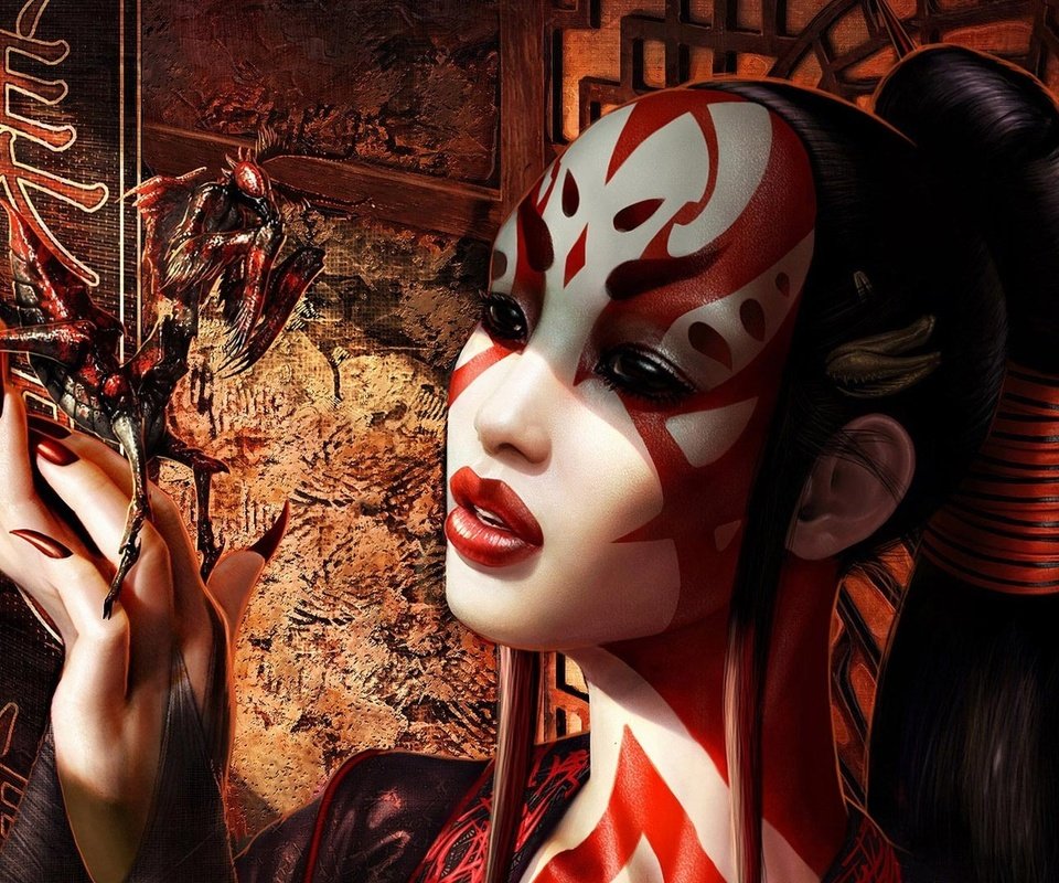Обои рисунок, богомол, девушка, взгляд, япония, графика, волосы, лицо, гейша, figure, mantis, girl, look, japan, graphics, hair, face, geisha разрешение 1920x1080 Загрузить