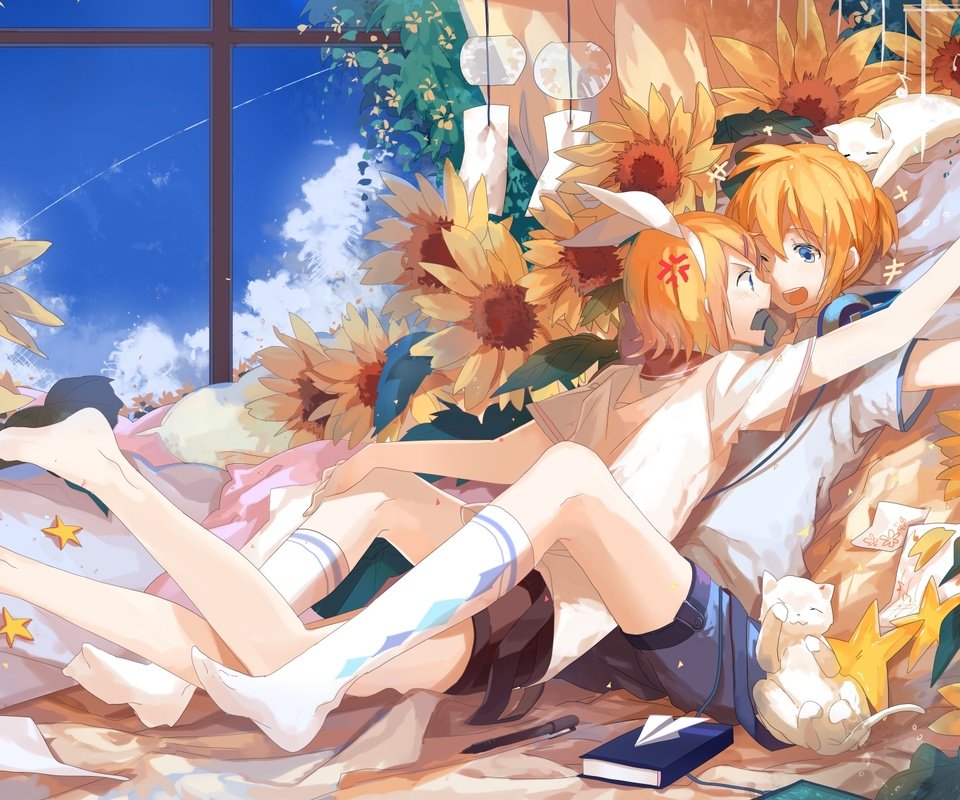 Обои вокалоид, подсолнухи, kagamine rin, блонд, kagamine len, vocaloid, sunflowers, blonde разрешение 2021x1200 Загрузить