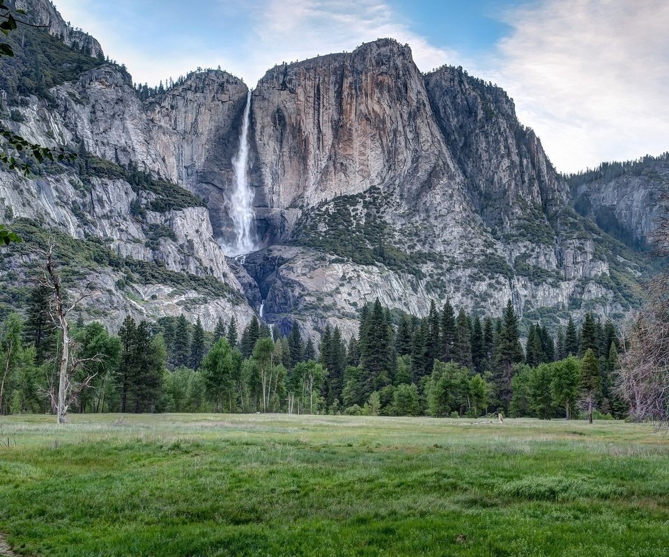 Обои деревья, горы, пейзаж, водопад, йосемитский национальный парк, trees, mountains, landscape, waterfall, yosemite national park разрешение 1920x1200 Загрузить