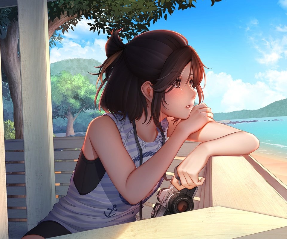 Обои небо, девушка, пляж, лето, взгляд, аниме, профиль, the sky, girl, beach, summer, look, anime, profile разрешение 1920x1080 Загрузить