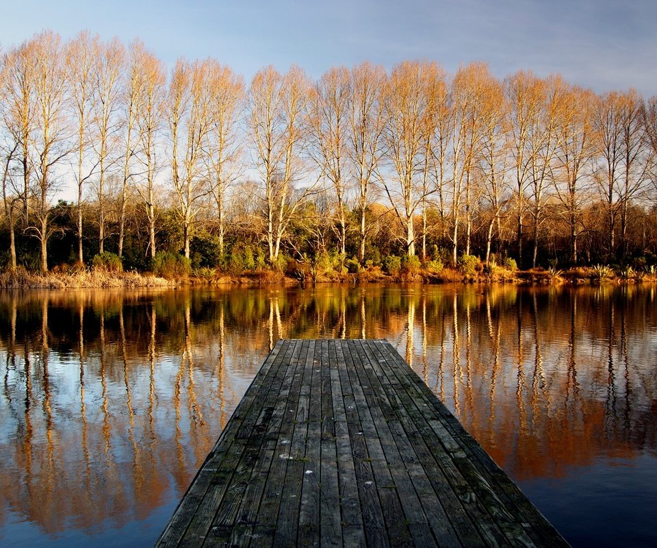 Обои деревья, осень, вода, пирс, озеро, природа, мостик, лес, отражение, пейзаж, trees, autumn, water, pierce, lake, nature, the bridge, forest, reflection, landscape разрешение 2400x1535 Загрузить