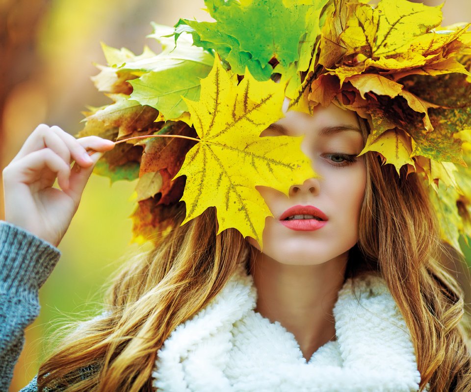 Обои листья, девушка, портрет, взгляд, осень, волосы, лицо, leaves, girl, portrait, look, autumn, hair, face разрешение 5760x3840 Загрузить