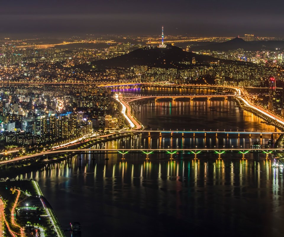 Обои огни, панорама, город, мегаполис, сеул, южная корея, lights, panorama, the city, megapolis, seoul, south korea разрешение 6000x3926 Загрузить