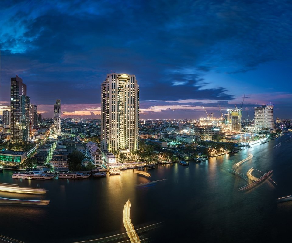 Обои река, небоскребы, ночной город, здания, таиланд, бангкок, river, skyscrapers, night city, building, thailand, bangkok разрешение 2048x1126 Загрузить