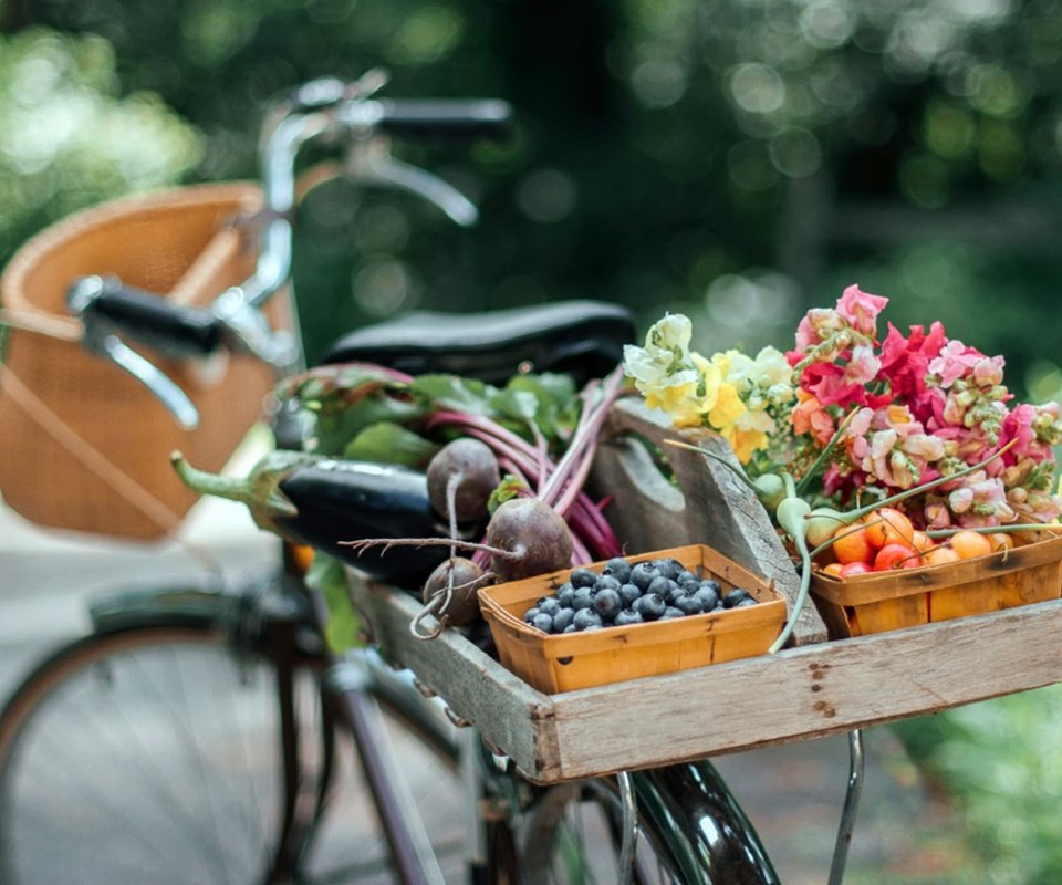 Обои цветы, лето, фрукты, овощи, велосипед, боке, flowers, summer, fruit, vegetables, bike, bokeh разрешение 2048x1383 Загрузить