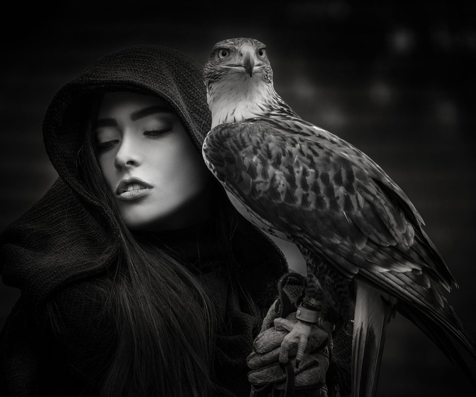 Обои девушка, портрет, чёрно-белое, модель, птица, лицо, joachim bergauer, girl, portrait, black and white, model, bird, face разрешение 2000x1554 Загрузить