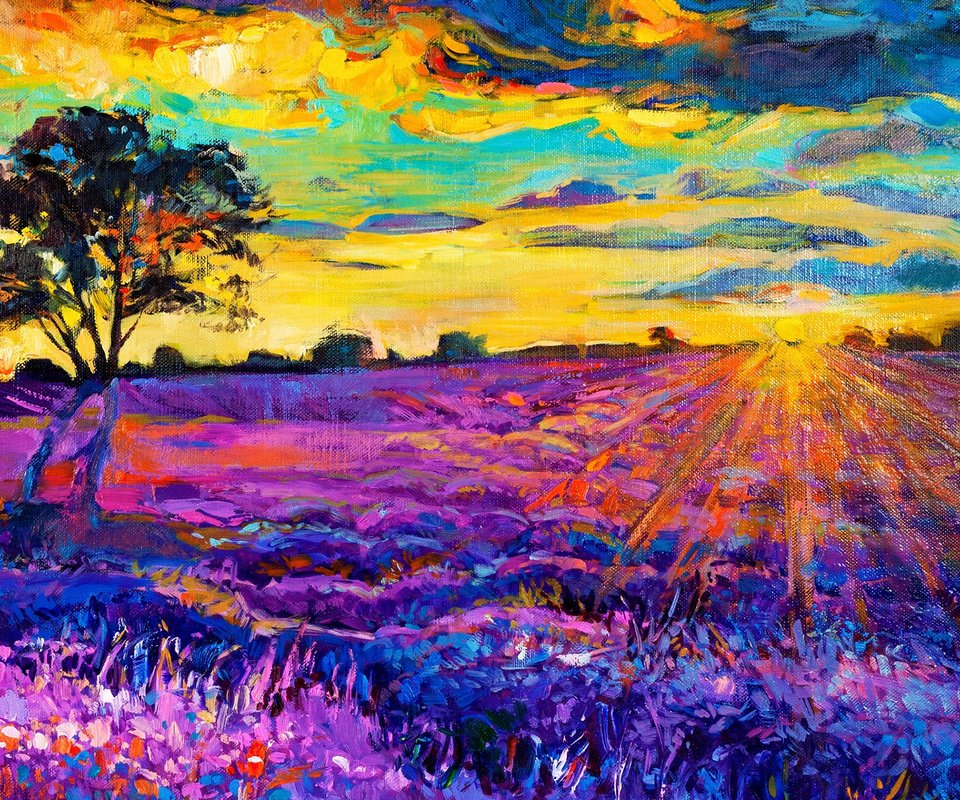 Обои арт, дерево, закат, картина, пейзаж, лаванда, живопись, art, tree, sunset, picture, landscape, lavender, painting разрешение 1920x1200 Загрузить