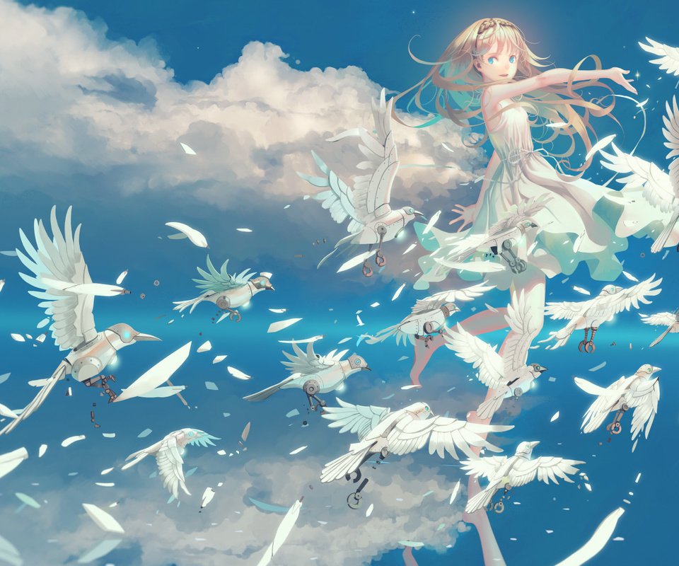 Обои небо, облака, девушка, аниме, птицы, the sky, clouds, girl, anime, birds разрешение 1920x1080 Загрузить