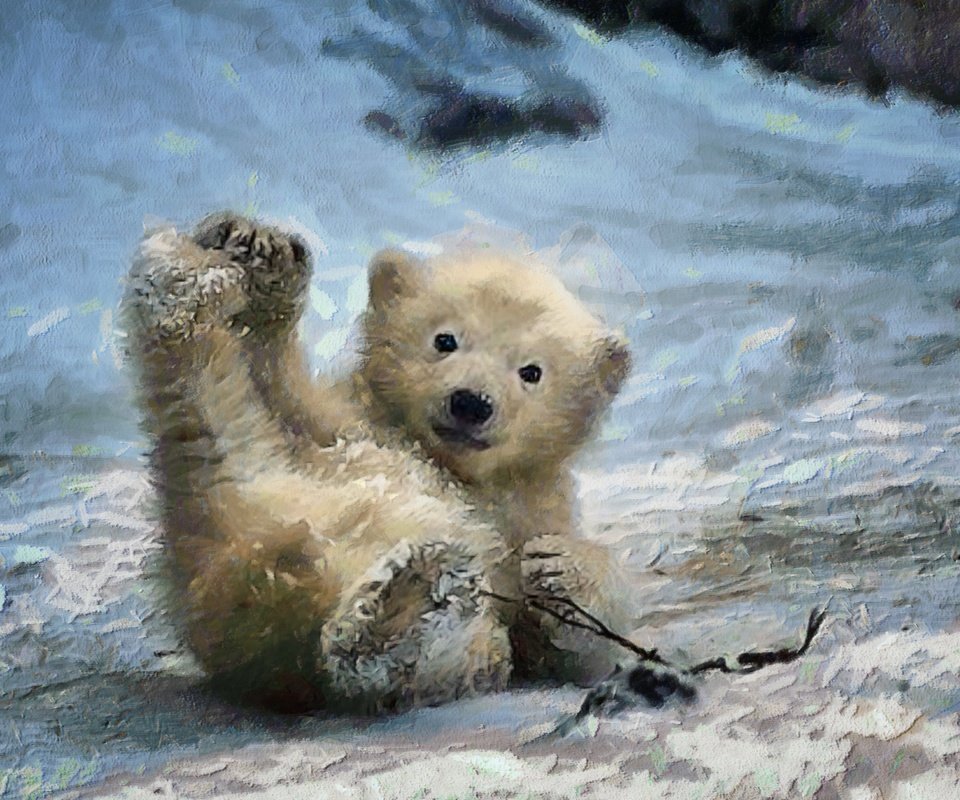 Обои арт, зима, медведь, живопись, медвежонок, art, winter, bear, painting разрешение 2880x1800 Загрузить