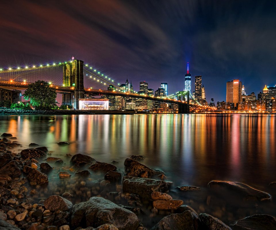 Обои ночь, огни, мост, город, сша, нью-йорк, бруклинский мост, night, lights, bridge, the city, usa, new york, brooklyn bridge разрешение 1920x1200 Загрузить